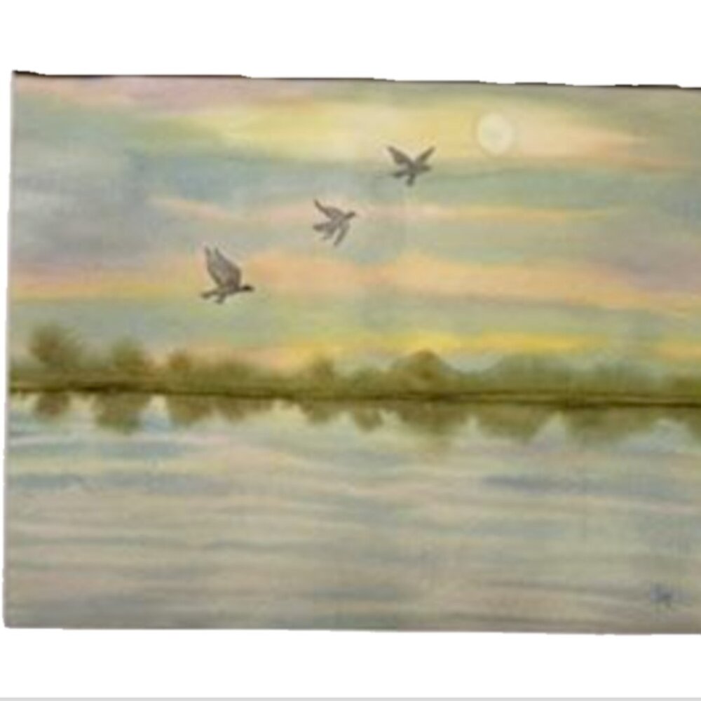 Painting Watercolor Sunrise Lake Landscape Original Blue Green 11x14 & Mat 16x20